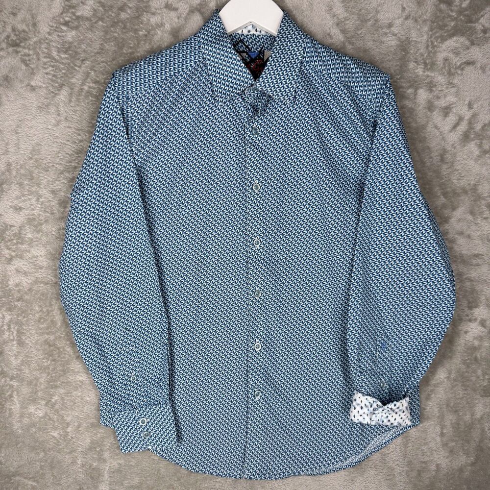 Robert Graham Shirt Mens Small Blue Aop Design Flip Cuff Cotton Long Sleeve Logo